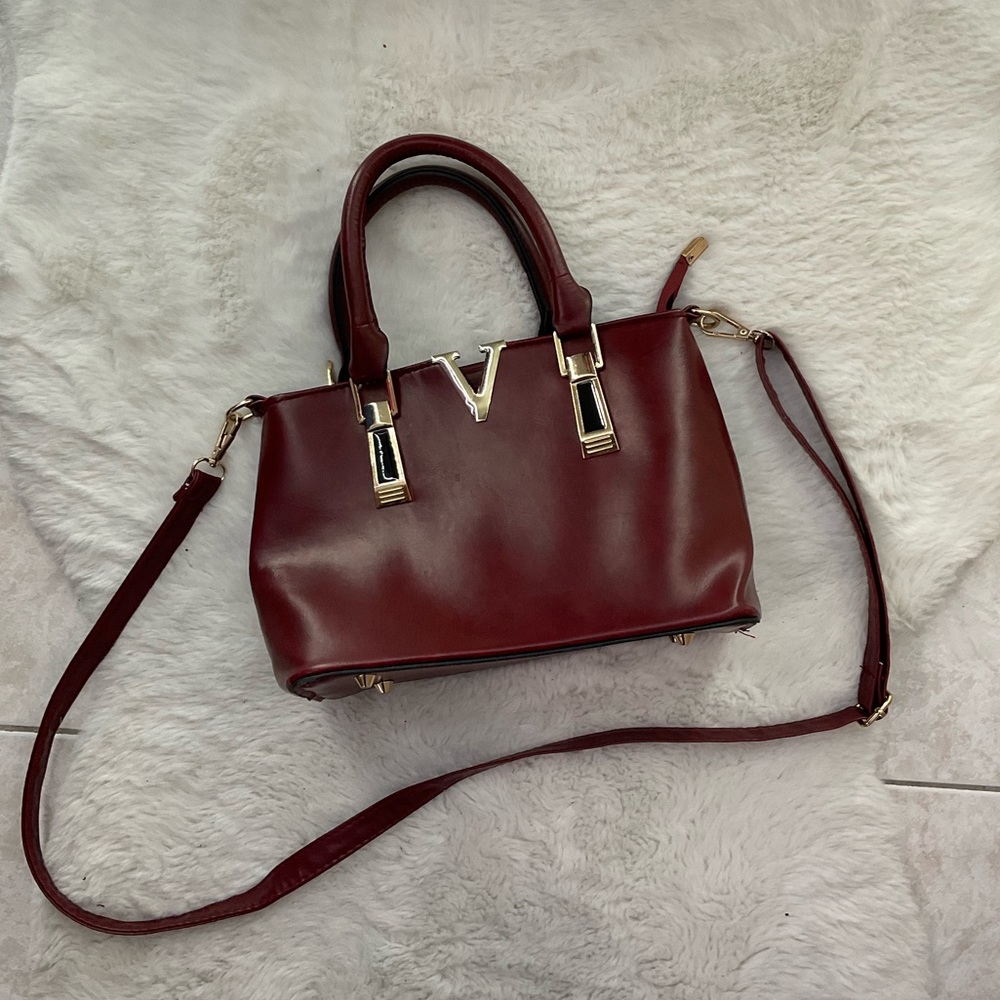 Deep Red and Gold Faux Vegan Leather hand bag